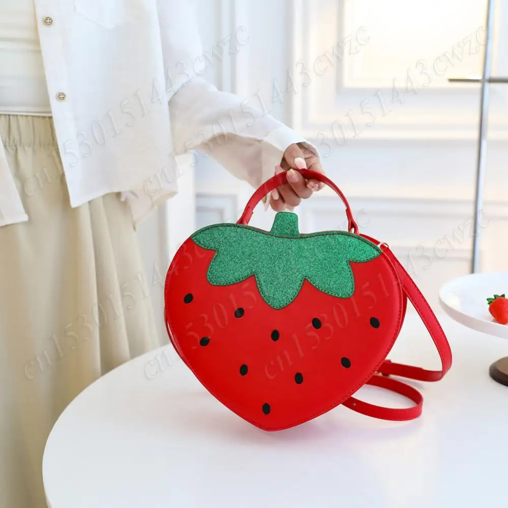 Women Strawberry Shoulder Bag Heart Shape Handbag Cute Strawberry Satchel Bag Novelty Top Handle Bag Kawaii Heart Sling Bag