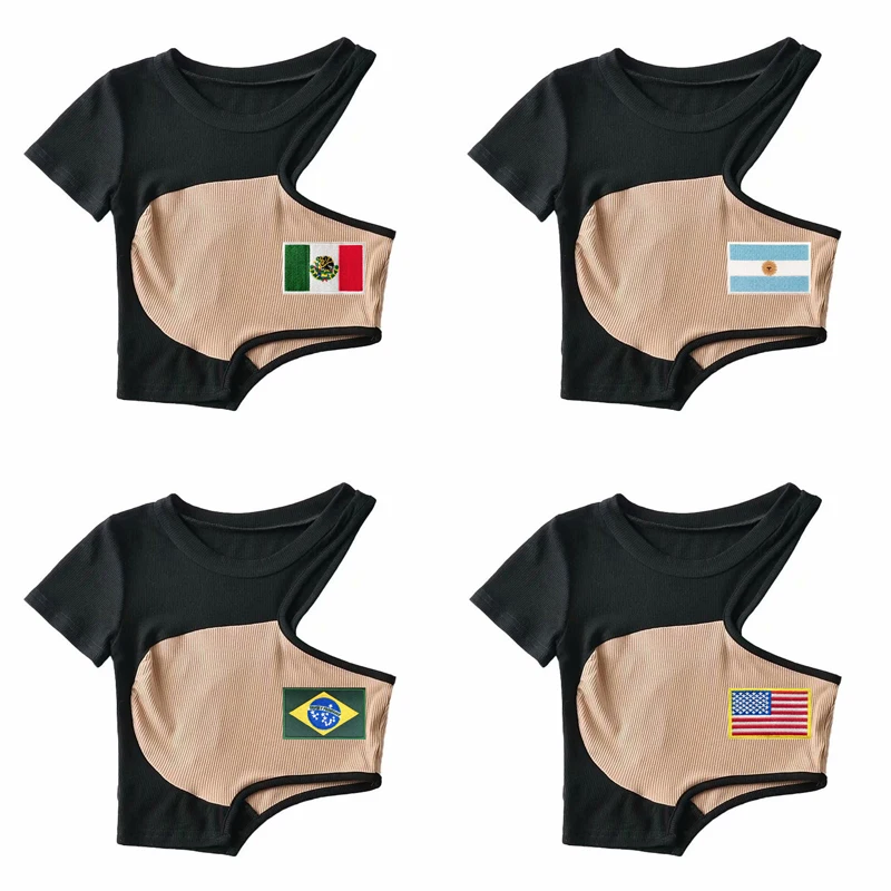 

2025 Y2K Sexy Cropped Ribbed T-Shirt Women's Tight Fit Hollow Out Short Sleeve Top Flag Embroidery Party Clubwear Summer Tee