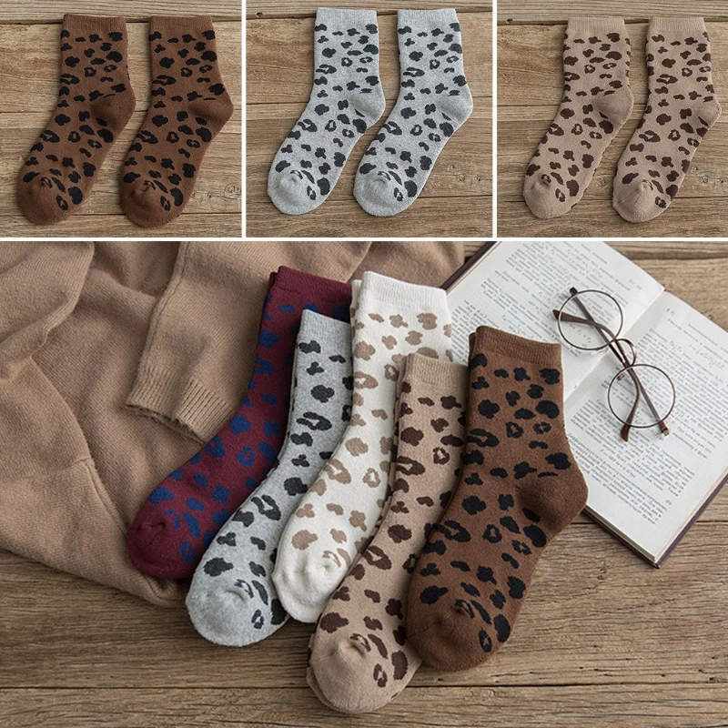 5 Pairs Women Cotton Socks Spotted Leopard Print Terry Thick Warm Hosiery Drop Shipping