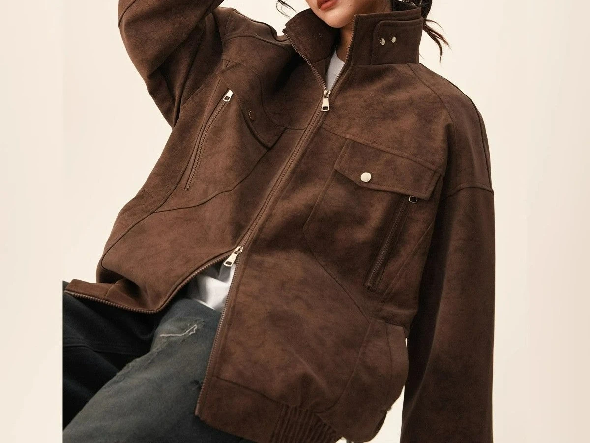 سترة ريترو بياقة واقفة لربيع وخريف 2025 سترة جلدية للملابس الخارجية #3