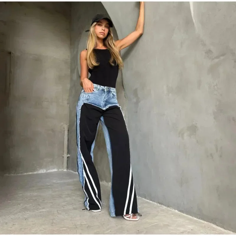 Street Denim Patchwork Women Trousers Women Contrast Color Striped Straight Ripped Jeans 2024 Autumn New Ladies Wide Leg Pants