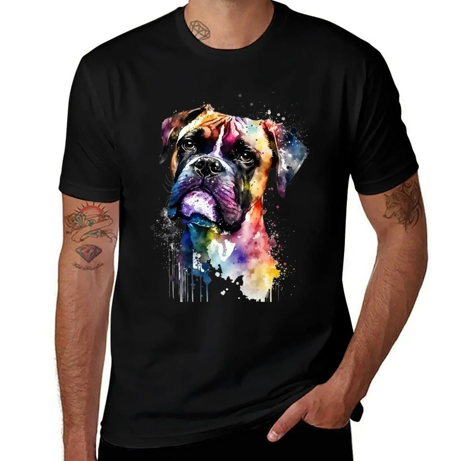 Rainbow Boxer Dog Watercolor Portrait T-Shirt Gym Exercise Short Sleeve T-Shirt