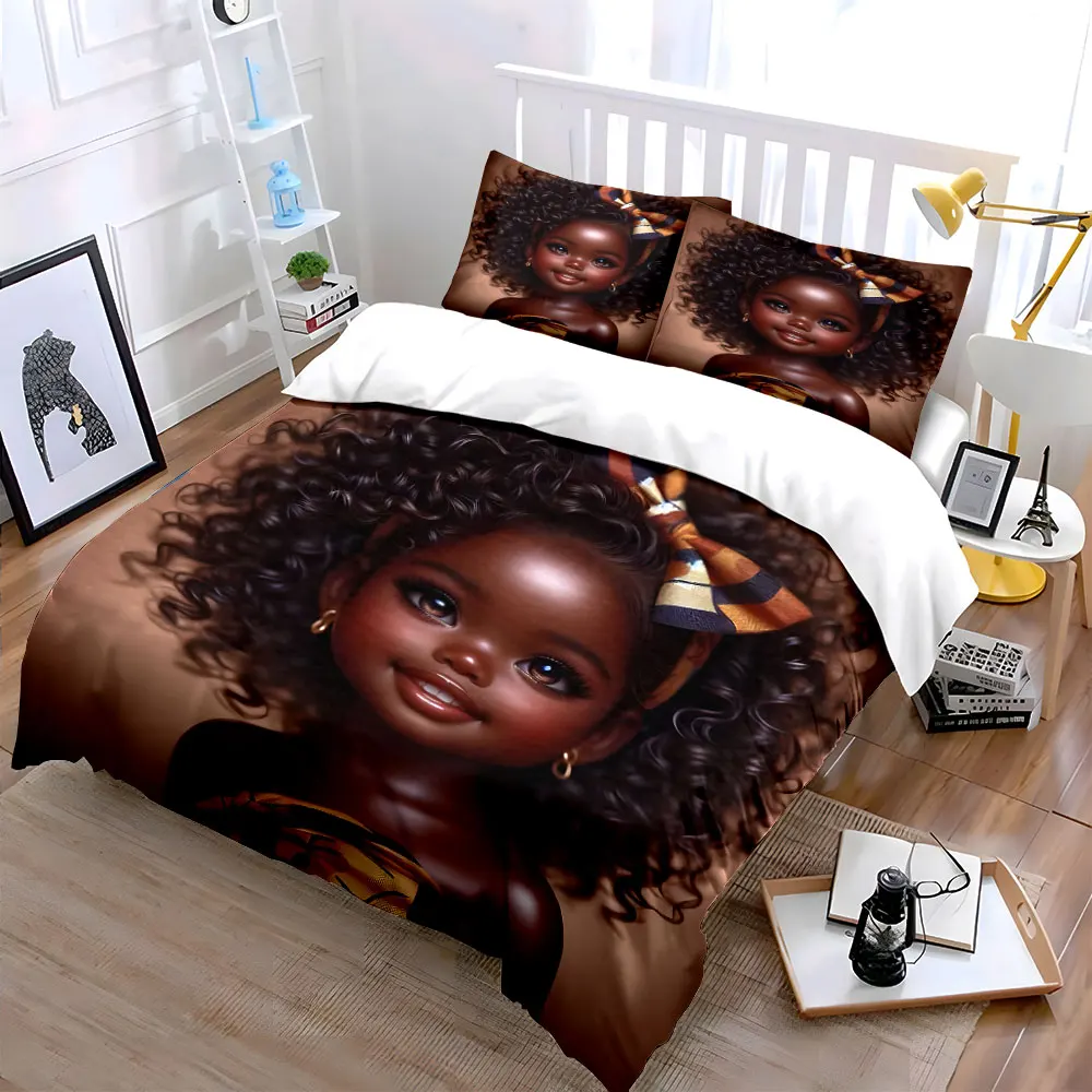 Curly Black Girl Portrait Duvet Cover Set, African Art Warm Tone Bedding with 1 Duvet Cover 2 Pillowcases Single Double, Gift