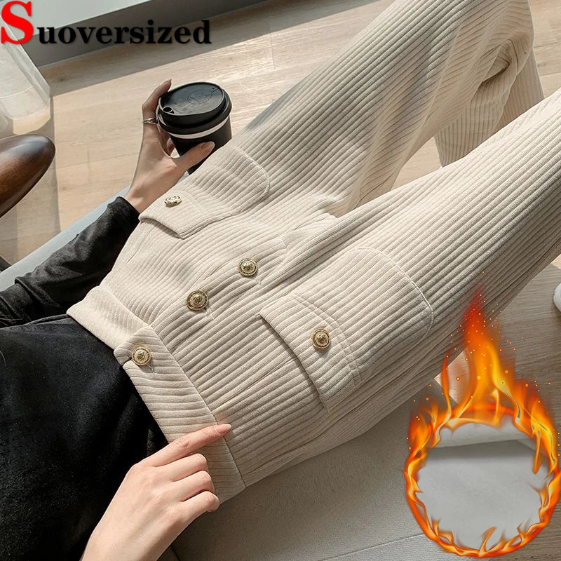 

Elegant Thicken Straight Pants Winter Plush Lined Office Trousers Baggy Warm Women Pantalones Korean High Waist Corduroy Spodnie