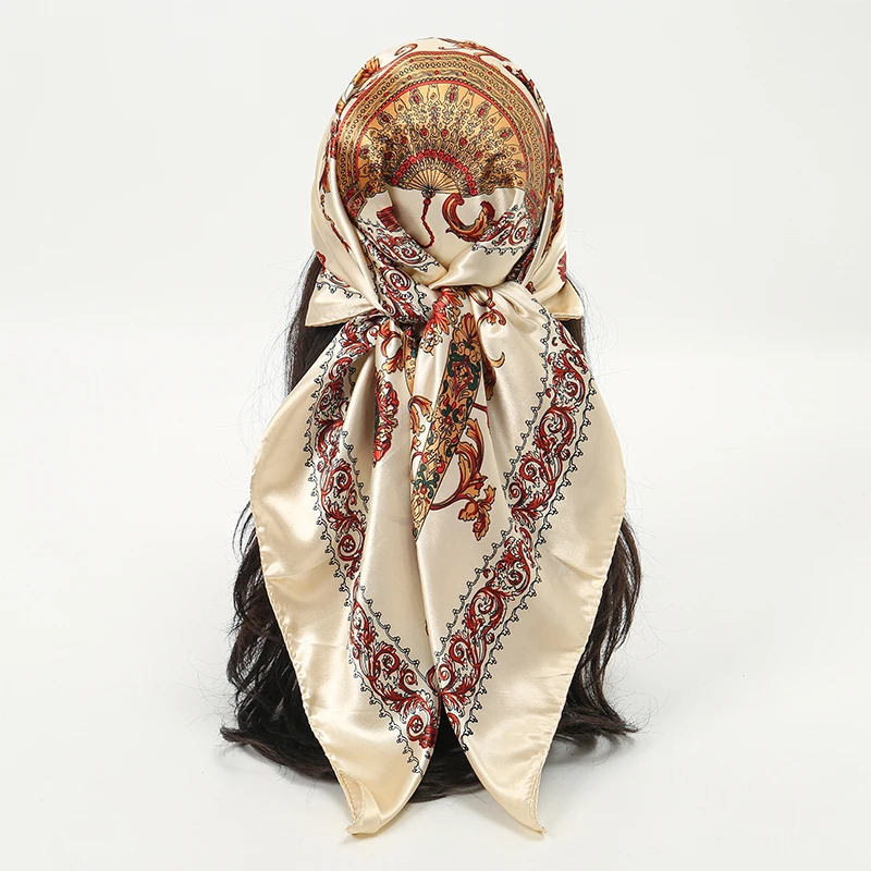 

Satin Square Scarf Women Muslim Hijab Elegant 2025 Print Silk Neckerchief Shawl Wraps Headband Handle Hair Accessories Bandana