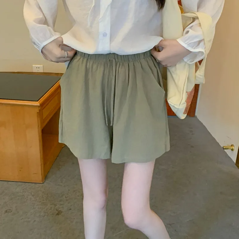 

Summer High Waist Cotton Linen Shorts For Women Casual Drawstring Solid Color Pockets Straight Loose Shorts 2023 Female Clothing