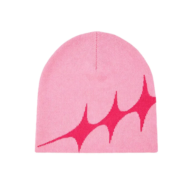 Pink Y2K Knitted Beanie Hat Women Men Punk Spike Jacquard Cap Elastic Warm Streetwear Autumn Winter Hip Hop Pullover Headwear