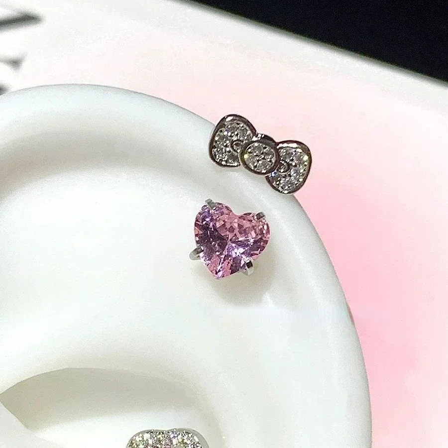 Cute Bowknot Love Heart 316L Titanium Steel Annular Ear Bone Nail Fashion Delicate Zircon Earring for Women Y2K Punk Jewelry