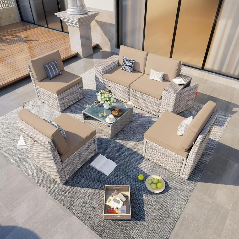 

Комплект садовой мебели из 6 предметов: диван с широкими подлокотниками, плетеная из двухниточного ротанга, устойчивая к ржавчине, с высокой спинкой, большие сиденья для сада