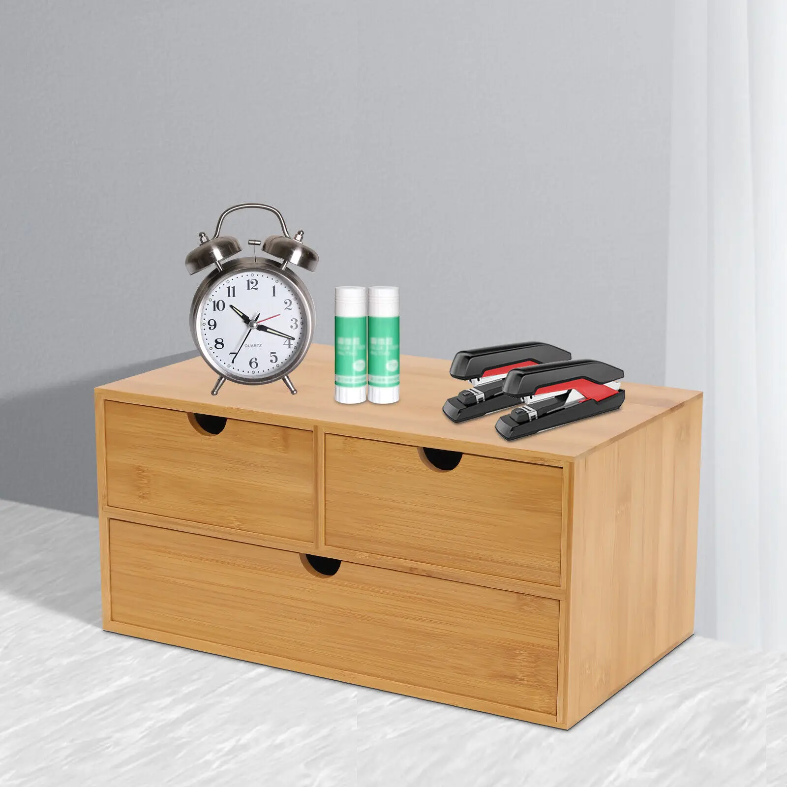 

Bamboo Storage Cabinet With 2 Floors and 3 Drawers Multifunctional Desktop Storage Box Home Office Desk Organizer