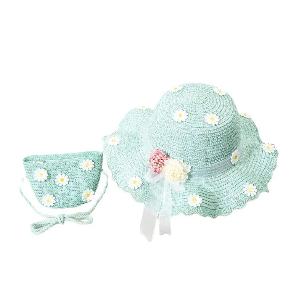 New Summer Children Beach Flower Hats Set Wide Brim Straw Wide Hat 2-8 Years Lovely Children's Holiday Travel Beach Bags Summer