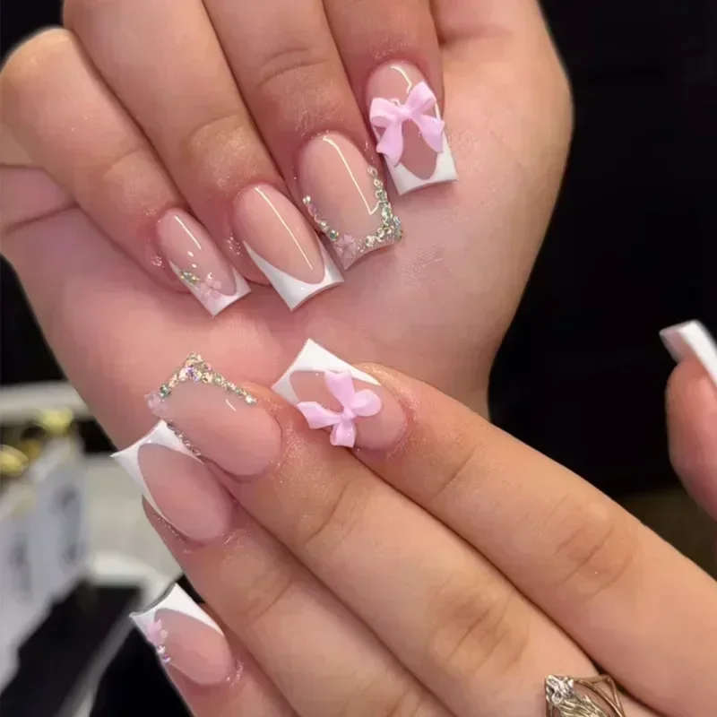 24pc Short Square French Fake Nails with Pearl Bow Acrylic Pink False Nail Art Removable Press on Fake Nails Full Cover Nail Tip