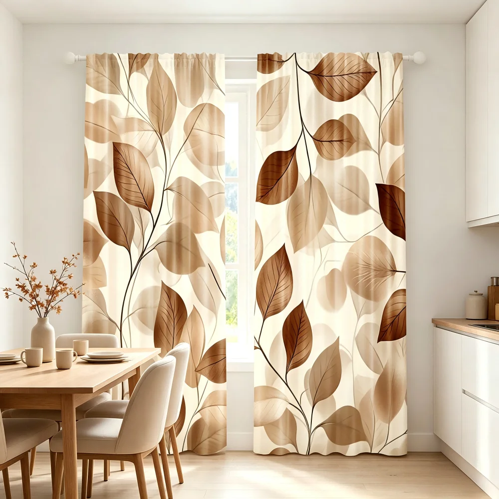 2PCS Digital Printed Curtain, Transparent Brown Leaves Pattern, Minimalist Natural Botanical Style Window Drapes for Bedroom