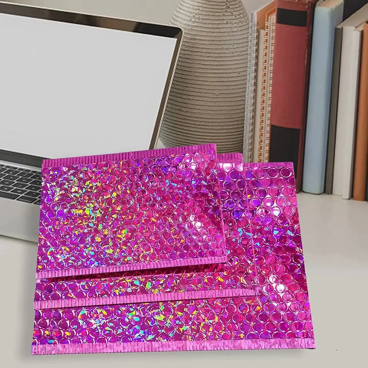 Imagem -05 - Plástico Acolchoado Envelopes Gift Bolsa Rosa Vermelha Embalagem Bubble Mailer Folha de Ouro Laser Mailing Bolsa Novo 50 Pcs por Pacote