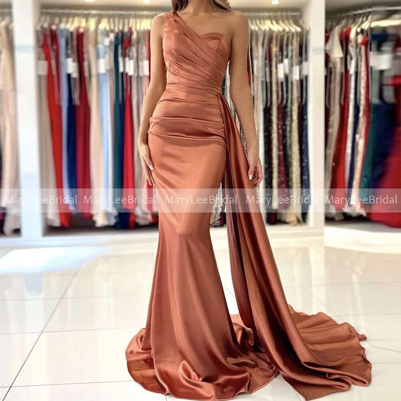 Robes de soirée sirène marron caramel avec long ruban, tenue de soirée de standing, asymétrique, épaule dénudée, froncée, brillante, marron Caramel, avec ruban Long, 2022,robe de soirée de mariage