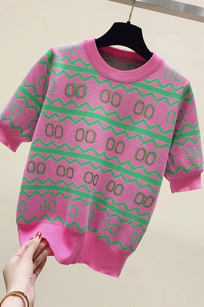 2023 letnie diamenty frezowanie kobiet sweter cienkie dzianiny z krótkim rękawem wokół szyi lodowy jedwab swetry swetry stylowe modny Top