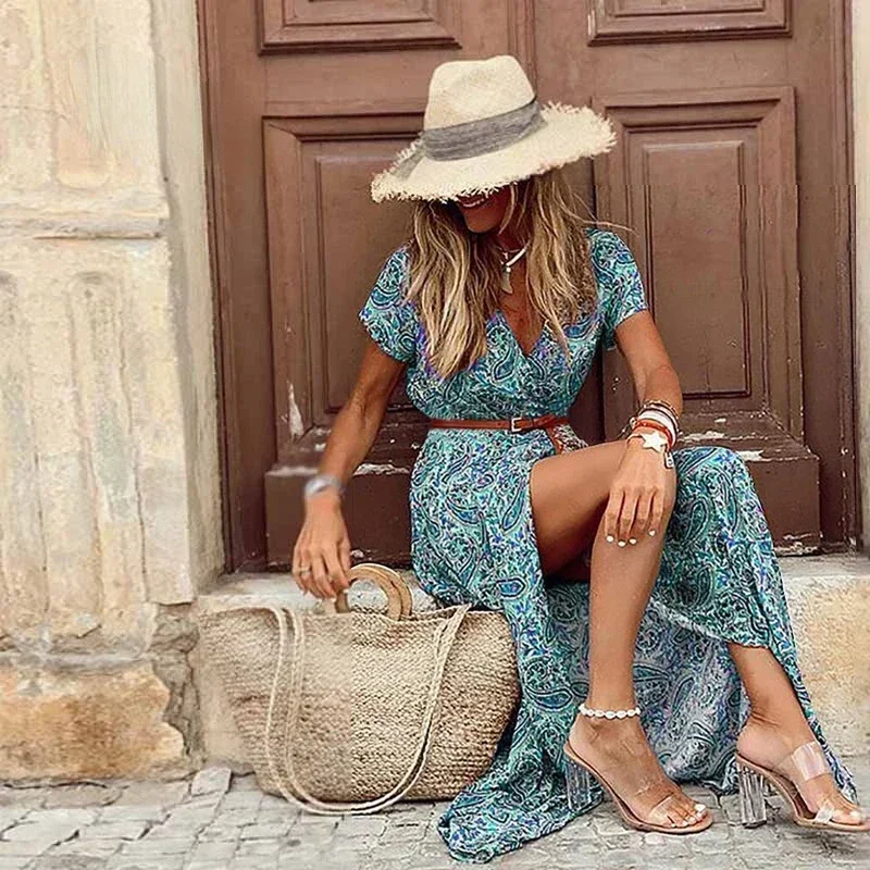 Boho Summer Long Dress for Women Elegant Evening 2023 Vestidos de Mujer Dresses Robe Femme Casual Maxi Short Sleeve Clothing