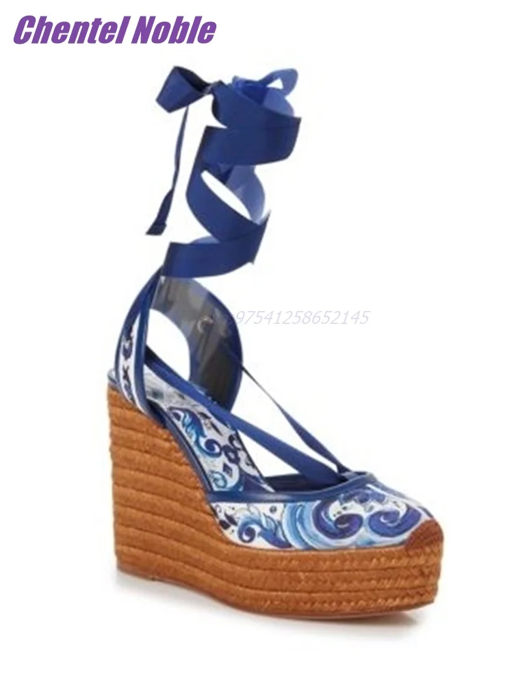 Wedge Printing Sandals For Women Ankle Straps Summer Elegant Lady Dress Fashion Luxury Brand Straw Sole Super High Heel