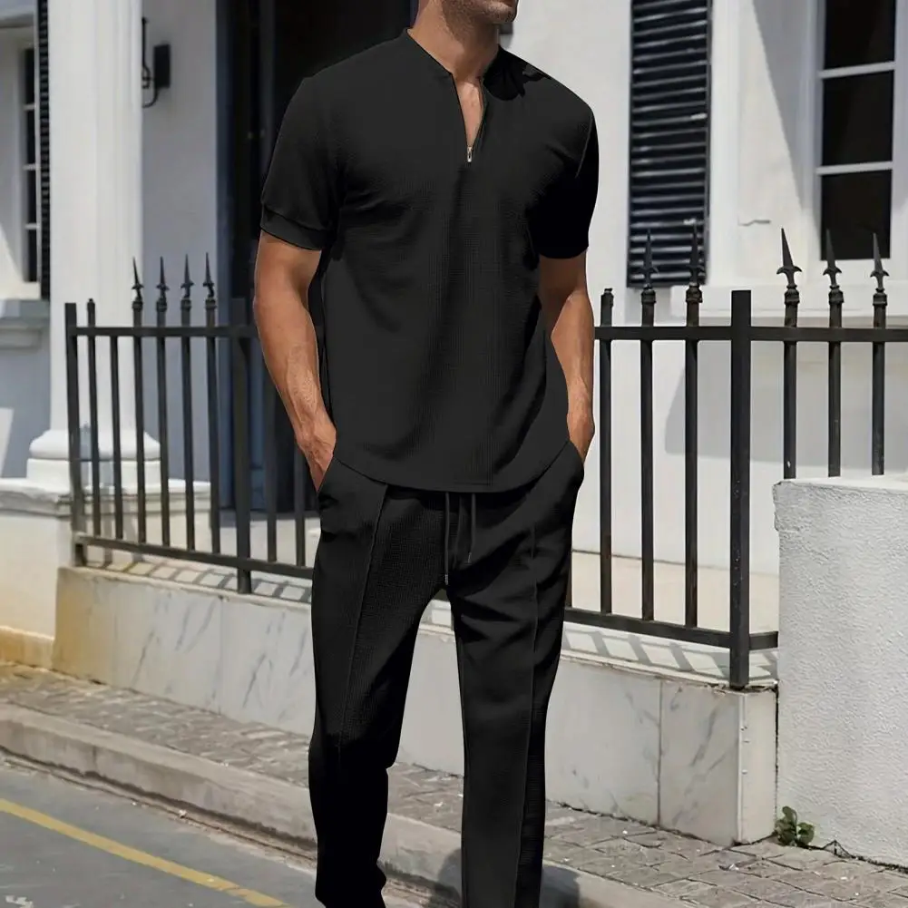 Solid Color Men Suit Men's Casual Two-piece Outfit Set with Stand Collar Zipper Neckline Short Sleeve Tops Elastic for Various