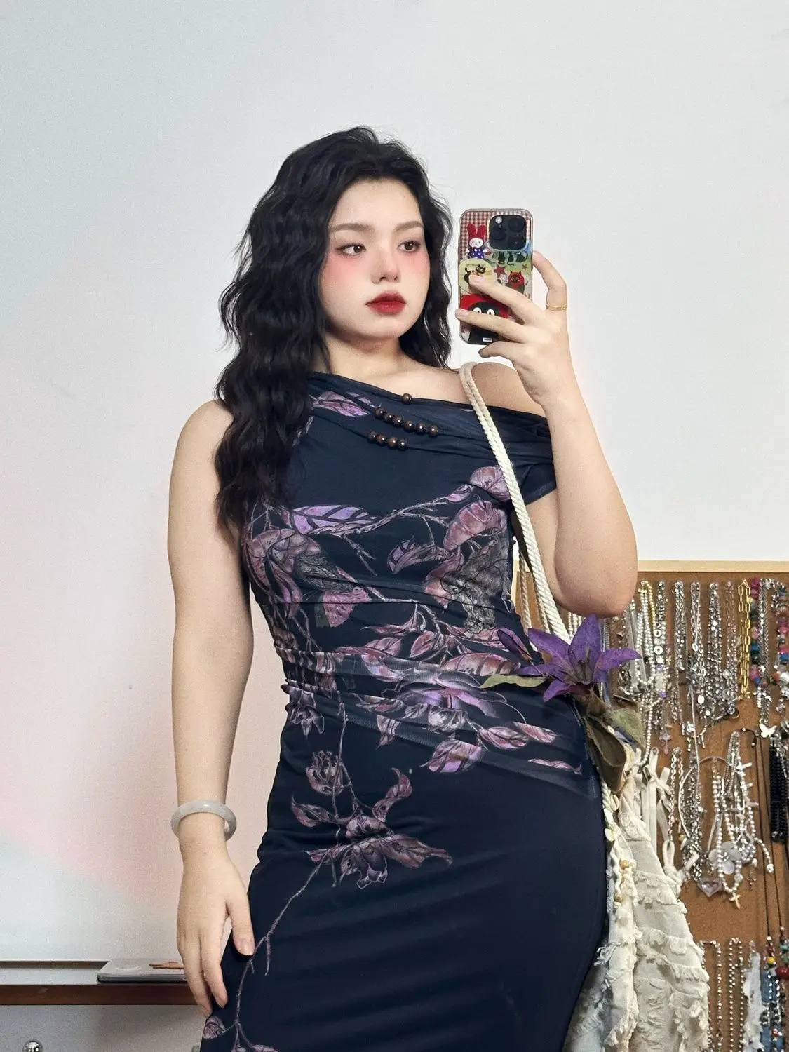 High Waist Flower Print Hollow Shoulder Midi Long Dress Women Dresses e-girl fairycore 2000s grunge aesthetic goth clothing y2k