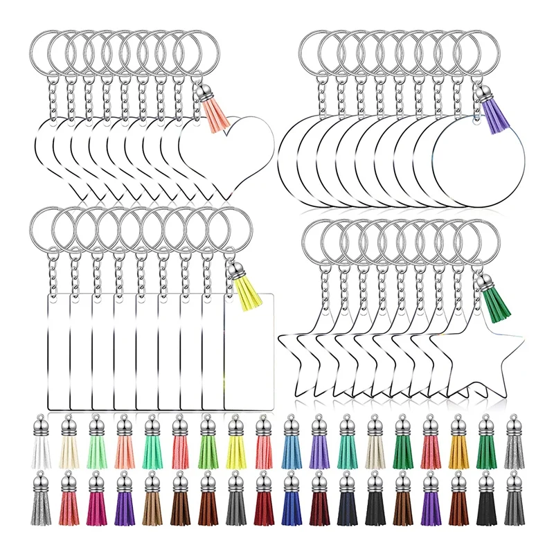 Ensemble de porte-clés vierges en acrylique pour le bricolage, comprend 36 porte-clés transparents, 36 porte-clés, 36 porte-clés, 36 glands