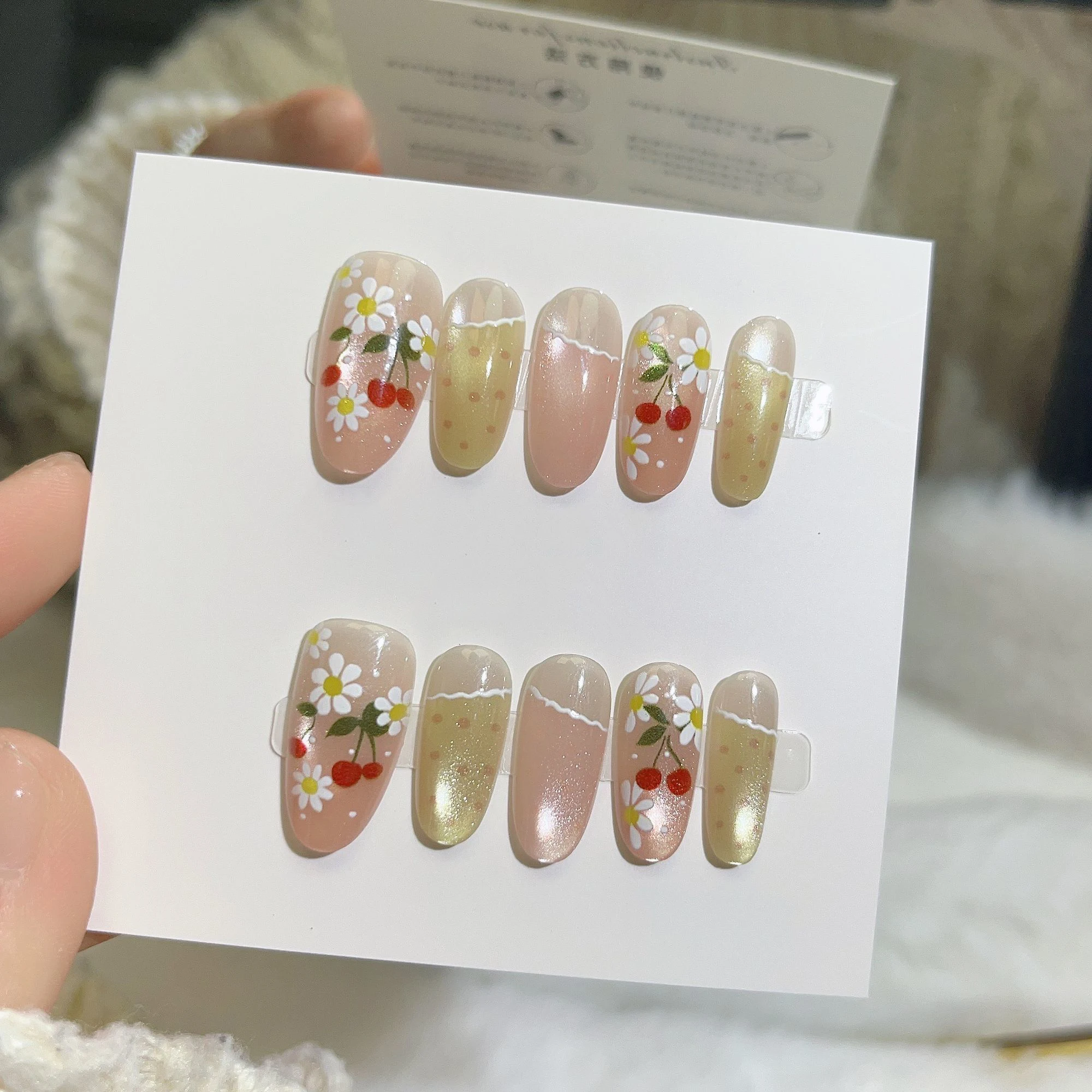 10pcs Almond Press On Nails Cherry Daisy Design Reusable Fake Nails Handmade Spring Summer Cute False Nails For Women Girls