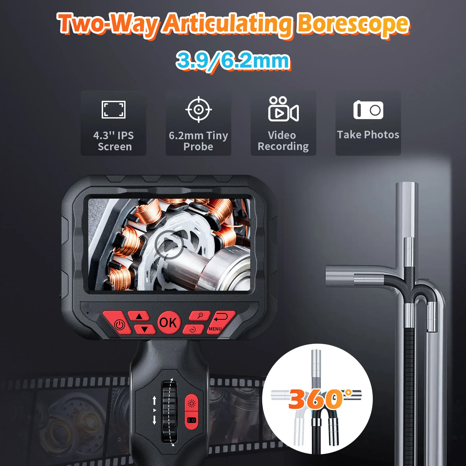 3.9/6mm Single Dual Lens Rotary Articulated Automotive Boroscope Endoscope Camera Joint For Cars Tools High Quality Rotate 360