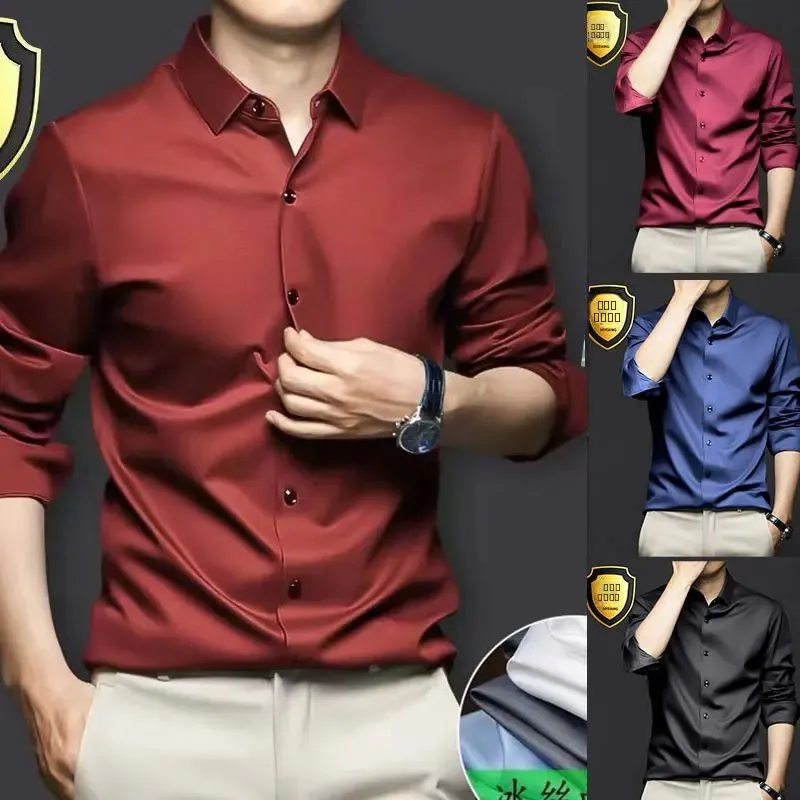 

Мужская рубашка из ледяного шелка больших размеров 6XL, осенняя, с воротником, свободного кроя, для делового стиля