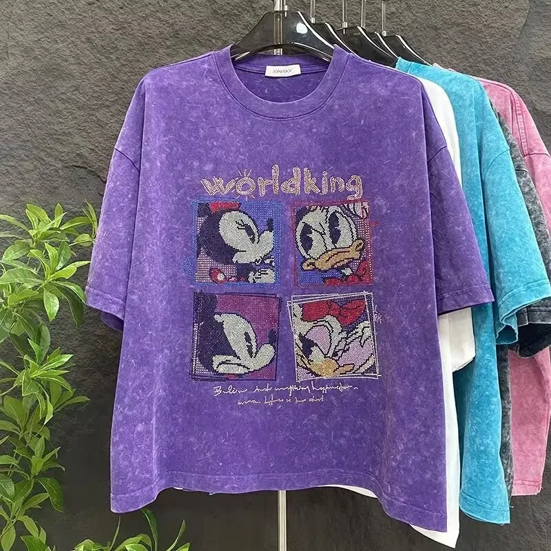 

Summer New Heavy Crafted Hot Diamond Mickey Cartoon O-Neck Short Sleeve Cotton Tee Women Oversized T Shirt Harajuku Streetwear
