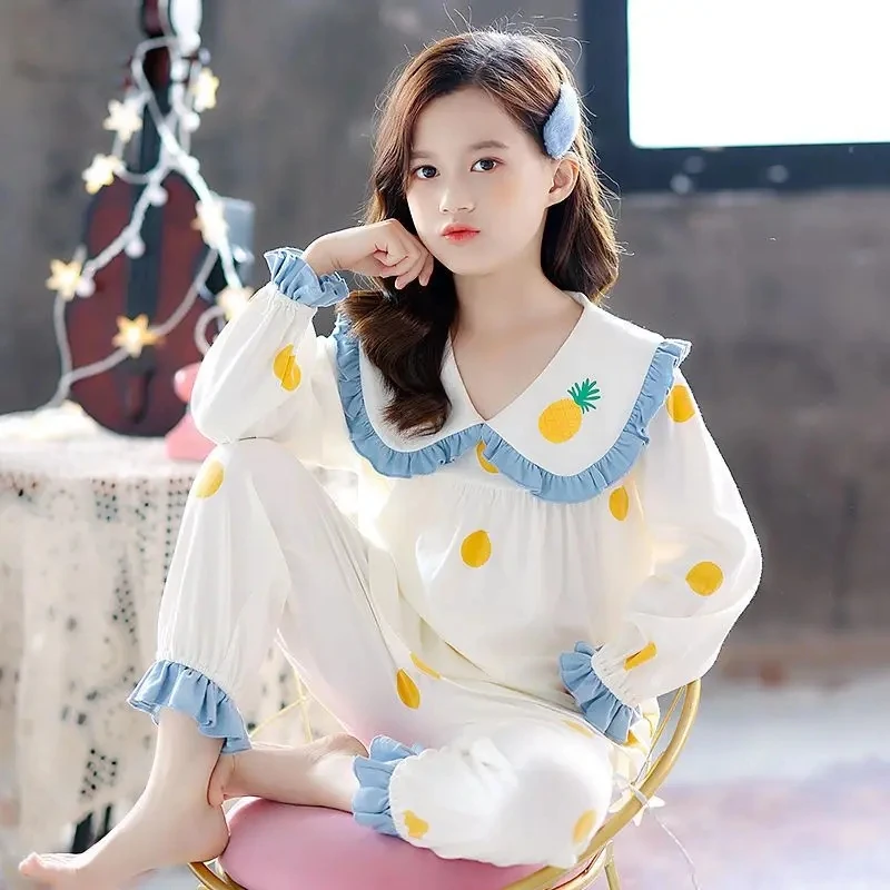 

Cartoon Cute Pattern Girls Ice Silk Pajamas Set Spring Autumn Thin Pajamas Cute Doll Collar Children Long-sleeved Home Clothes