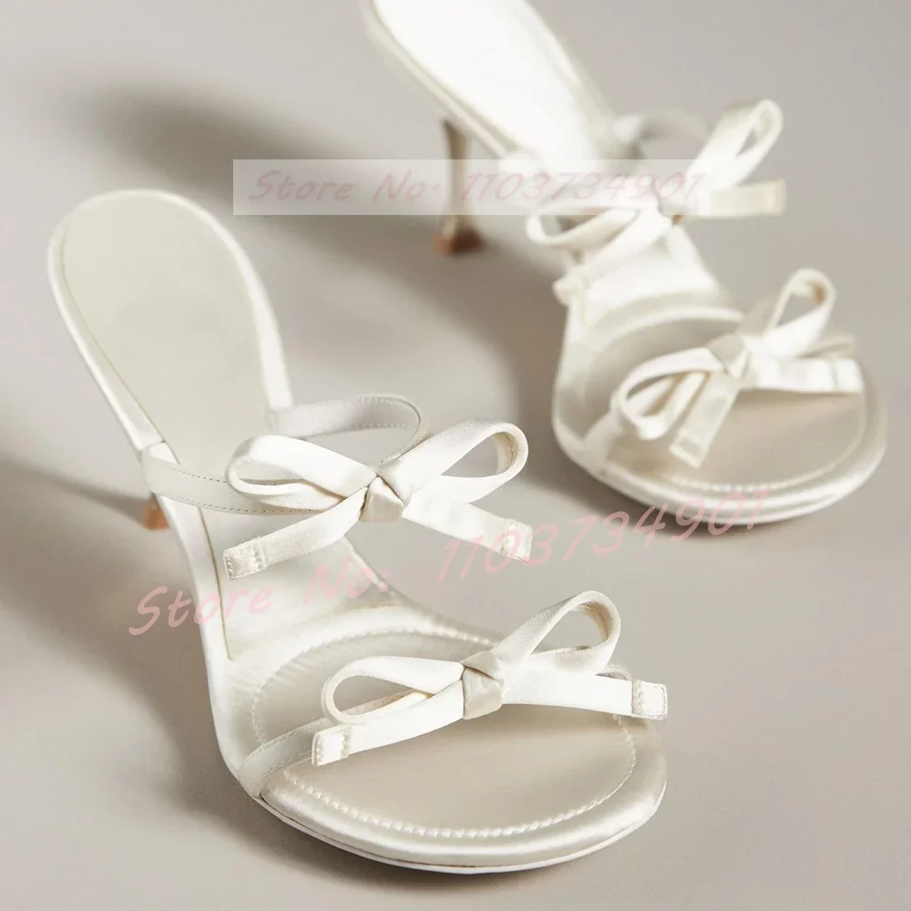 Bowknot Pink Satin Heeled Mules Women Stylish Casual Party Outdoor Round Toe Stiletto Slippers Female Concise Elegant Chic Shoes