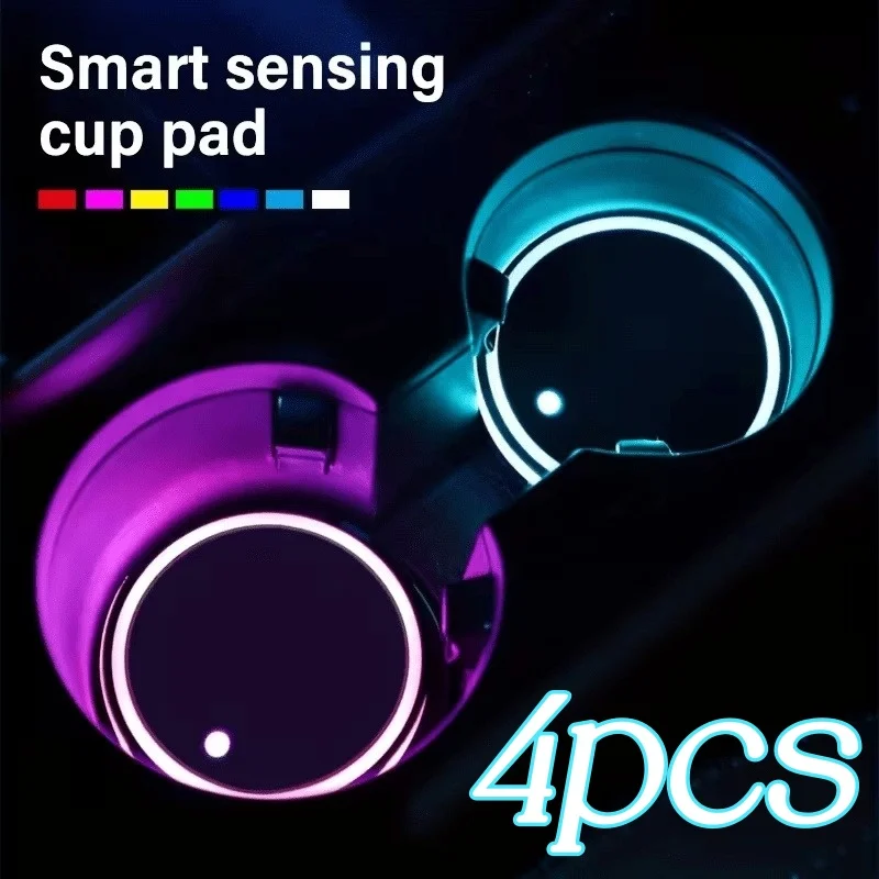 1/4pcs LED Car Coasters Intelligent Light Coaster Universal Drink Holder Mat Lights 7-Color Glowing Cup Mats Auto Interior Deco