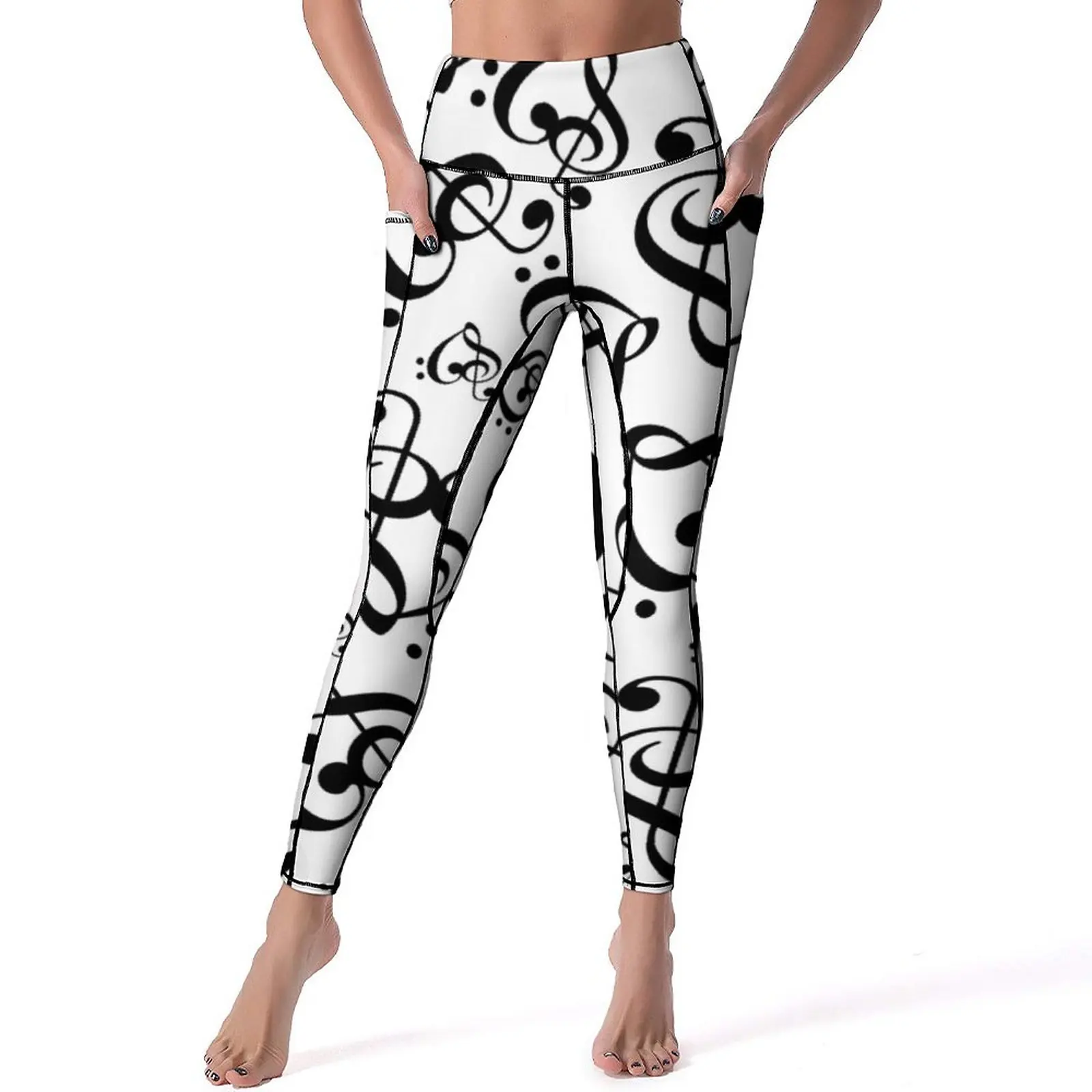 

Hearts Music Notes Leggings Pockets Black White Clef Graphic Yoga Pants High Waist Gym Yoga Legging Sexy Stretchy Sports Tights