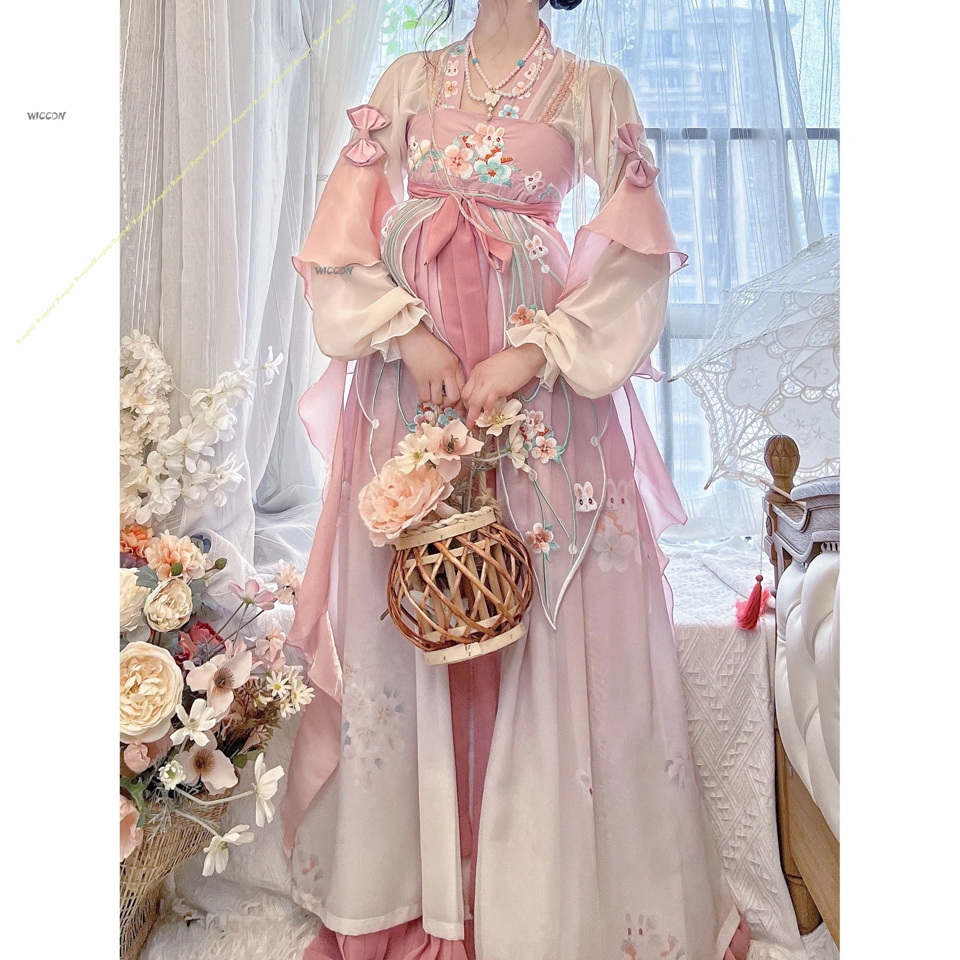 مجموعة عناصر هانفو النسائية المحسنة على طراز هان أزياء تنكرية يومية بطول الصدر مطرزة ثقيلة صيفية وردية لعيد الميلاد والهالوين