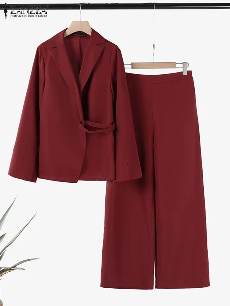 ZANZEA Office Lady Slit Long Sleeve Blazer Suits Waistband Elegant Solid Wide Leg Trouser 2-Pieces Sets Fashion Women Pant Sets