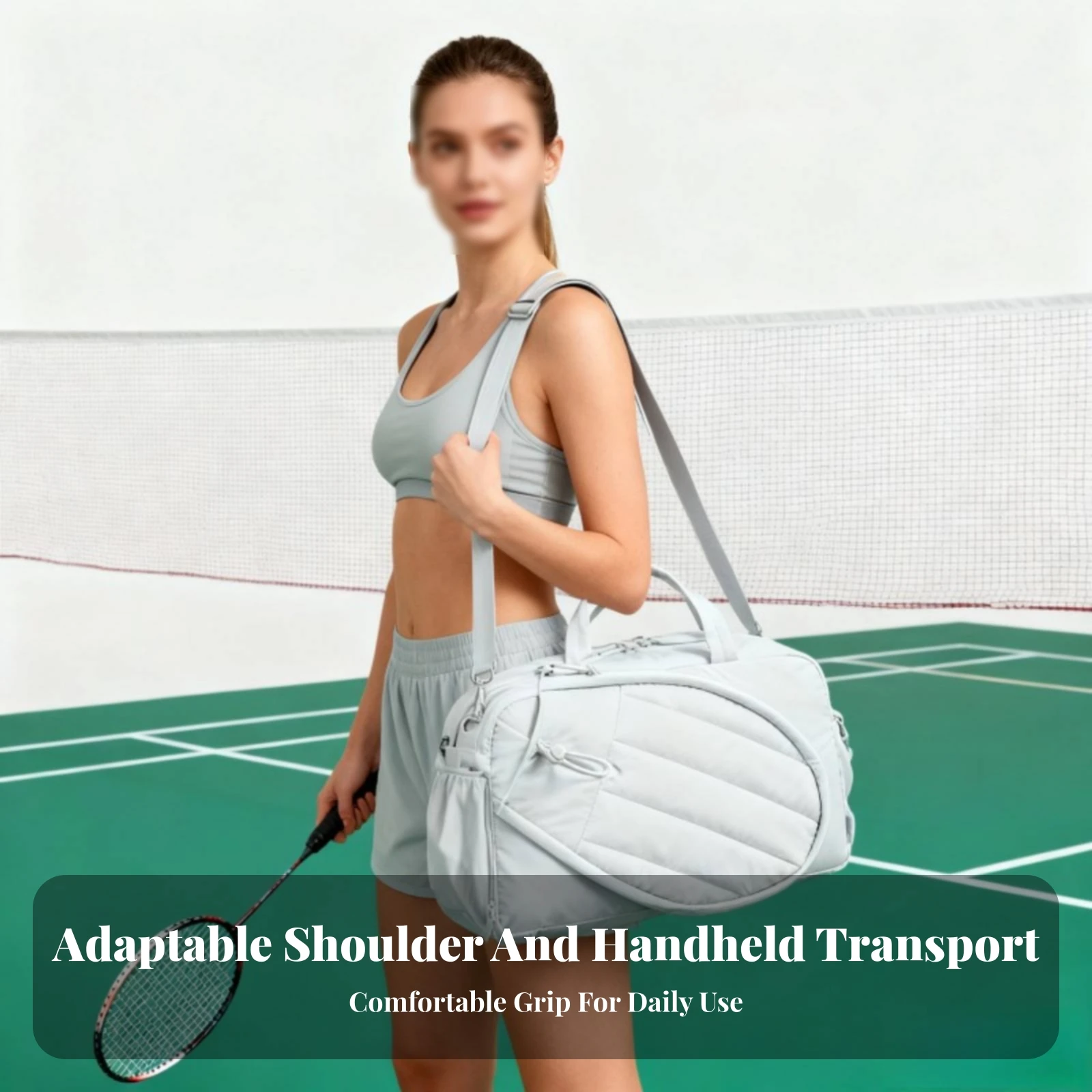 

Quilted Duffel Bag Padded Racket Bag Detachable Strap Multiple Pockets for Athletes