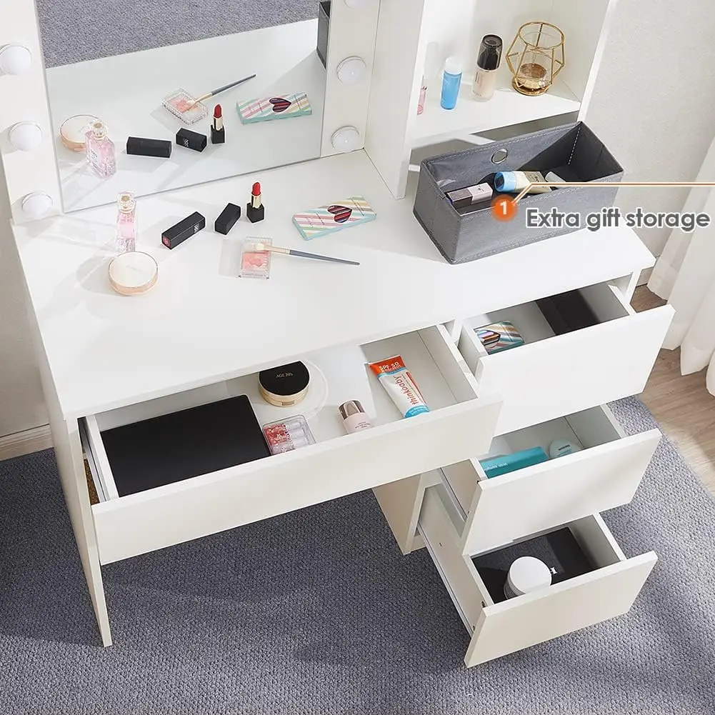 Bedroom Makeup Vanity in White, 37inch with 4 Drawers, Lighted Mirror and 3 Adjustable Lighting Modes view 5