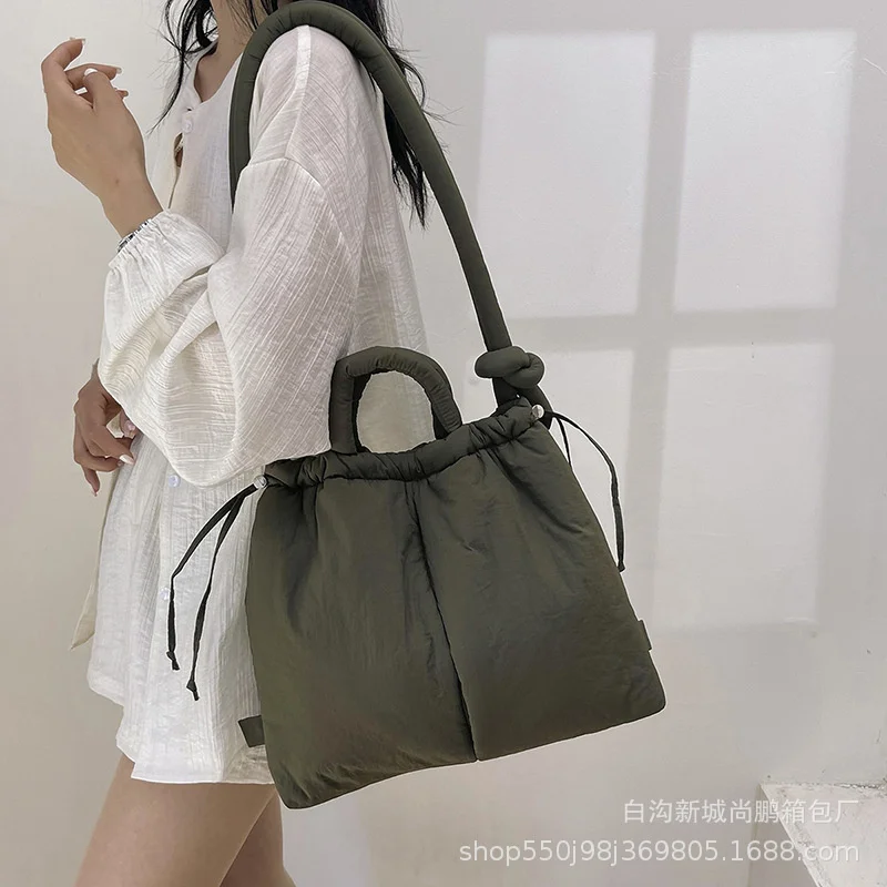 2024 Casual Nylon Padded Tote Bag Vintage Large Capacity Shoulder Bag Women Lady Simple Handbag Drawstring Backpack