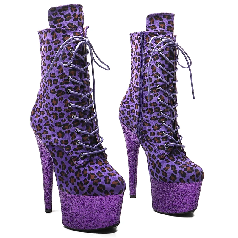 

Leecabe 17CM/7inches Leopard Suede Upper Women Fashion High Heel Platform Lace up Ankle Boots Pole Dance Boots