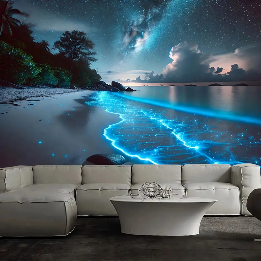 VIKAMA Fluorescent Beach Night Scene, Aesthetic Tapestry, Multi-Purpose Holiday Decor, Bedroom, Office, Living Room Home Decor