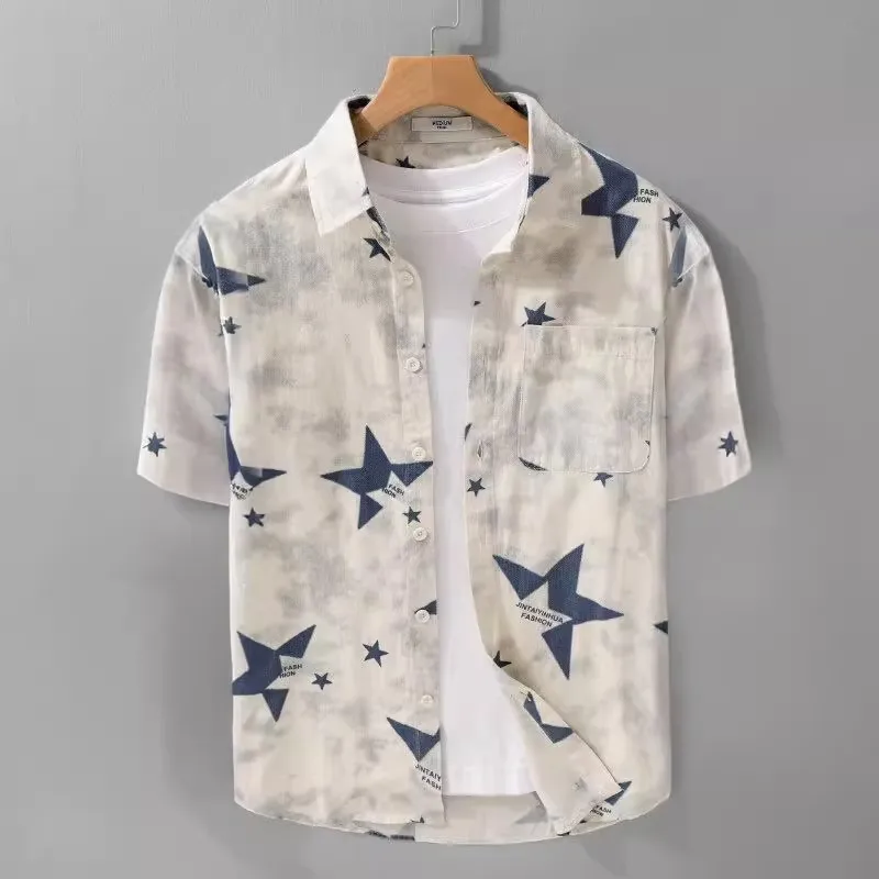 

2025 New Men's ort Sve irt Summer Casual Thin Loose Outerwear Star Pattern Faionable Brand Lightweight Breathable