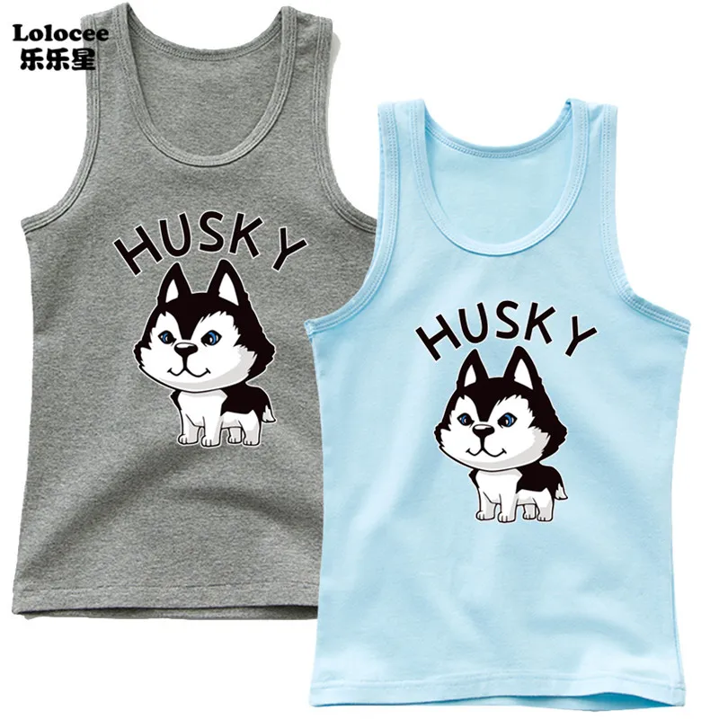 Cute Husky Dog Tank Tops Vest Boys Sleeveless Cute Dog Print T-shirt Black White Animals Clothes