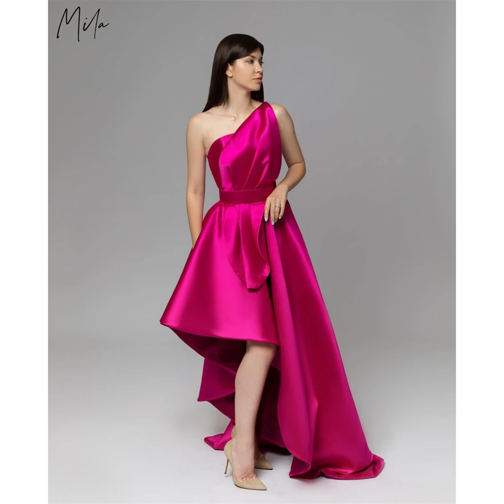 

Mila Customized Magenta High-low One Shoulder Simple Prom Dress Pleats Sleeveless Formal Evening Knee-Length Vestidos De Fiesta