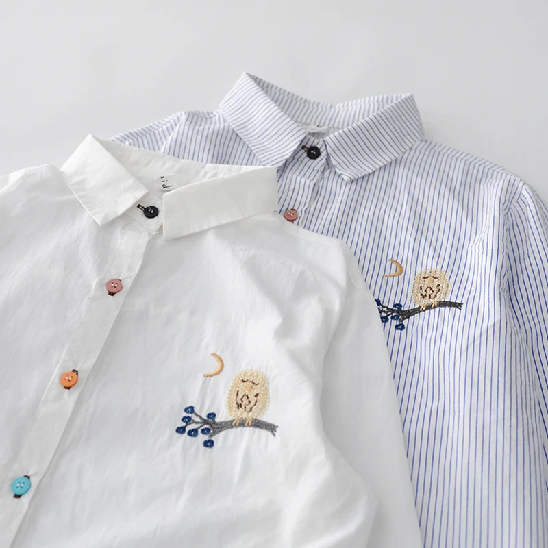 Casual Sweet Stripe Embroidery Long Sleeved White Shirt Women Turn Down Collar Cotton Colorful Button Female Blouse Tops U261