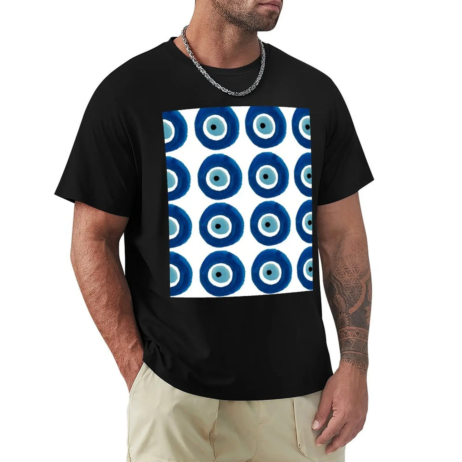 

Watercolor Evil Eye Pattern (Nazar) Dark and Light Blue T-Shirt plus size clothes baggy shirts T-shirt men