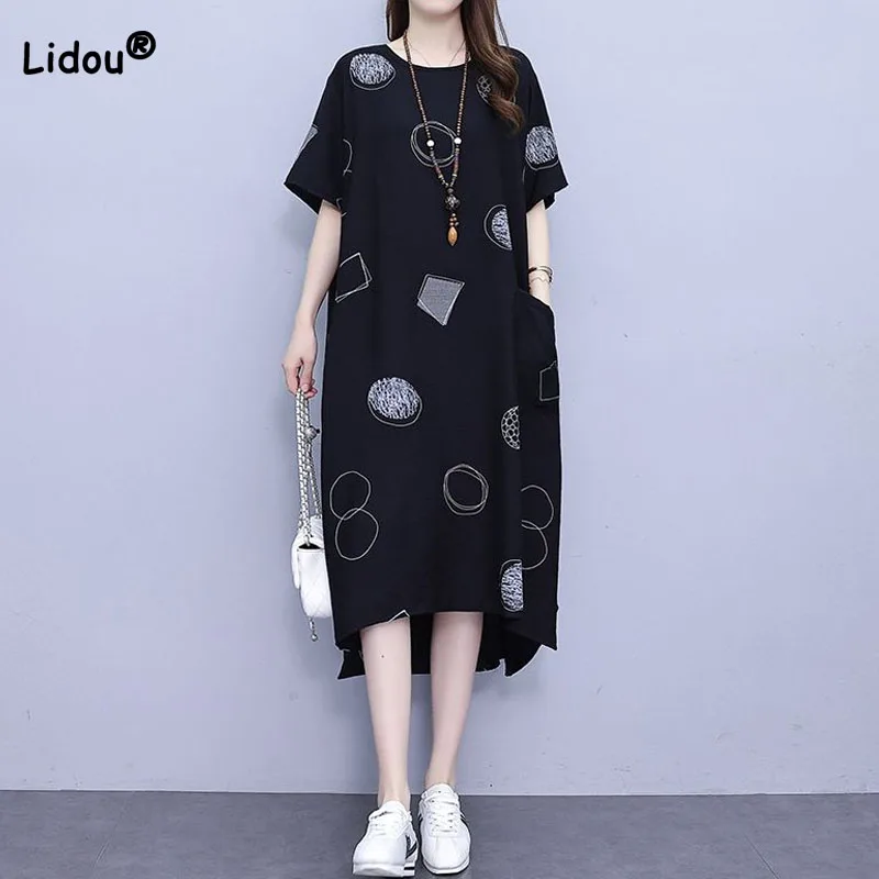 

Fashion Women's Clothing Casual Pockets Spliced Printing Dresses Summer Loose All-match Round Neck Asymmetrical Dress Female