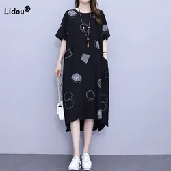 Fashion Women's Clothing Casual Pockets Spliced Printing Dresses Summer Loose All-match Round Neck Asymmetrical Dress Female