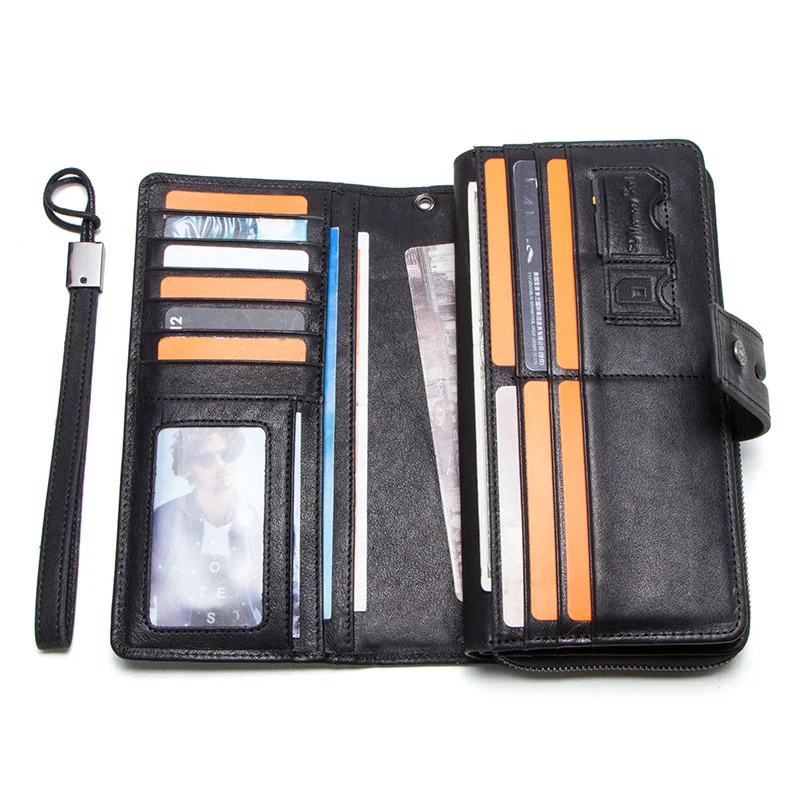 genuine leather men long wallet with card holders male clutch zipper coin purse for cell phone business luxury wallets