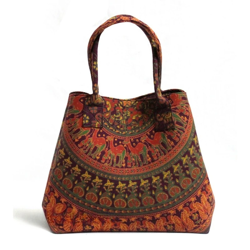 Multi Camel Mandala Women's Shopping Cotton Handbag Indian Handmade Tote Bag