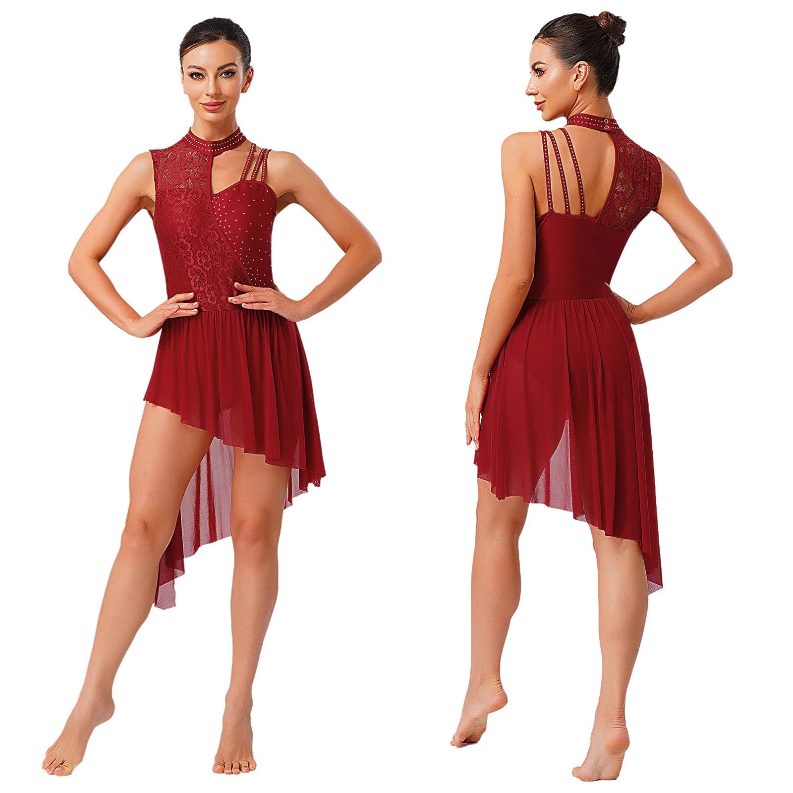 Women Lyrical Dance Leotard Dress Floral Lace Rhinestones Asymmetrical Dress for Gymnastics Ballet Waltz Latin Dance Performance image 3